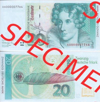 BRD Deutschland Deutsche Bundesbank 1991-1993, 20 DM-Deutsche Mark. Vorderseite und Rückseite auf einen Digitalen Bild der Banknoten... Sammlung