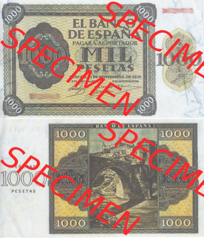 Banknoten Spanien 1936-1936, 1000 Peseten. Vorderseite und Rückseite auf einen Digitalen Bild der Banknoten von Spanien 1936, Banknoten aus Satz der Banknoten Spanien 1936 in der... Sammlung