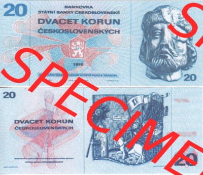 Banknoten Tschechoslowakei 1970-1971, 20 Kronen. Vorderseite und Rückseite auf einen Digitalen Bild der Banknoten der Tschechoslowakei... Sammlung