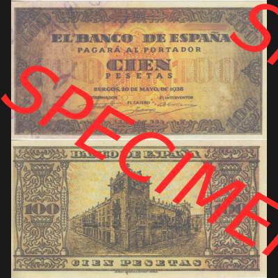 Banknoten Spanien 1938-1938, 100 Peseten. Vorderseite und Rückseite auf einen Digitalen Bild der Banknoten von Spanien 1937-1938, Banknoten aus Satz der Banknoten Spanien 1937-1938... Sammlung