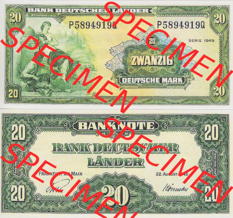 BRD Deutschland Bank Deutscher Länder 1949, 20 DM Deutsche Mark. Vorderseite und Rückseite auf einen Digitalen Bild der Banknoten Deutschland 1948 der Bank Deutscher Länder,... Sammlung