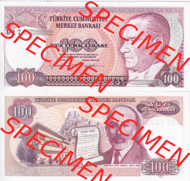 Banknote Türkei 1970, 100 Lire. Vorderseite und Rückseite auf einen Digitalen Bild der Banknoten der Türkei 1968-1986, Banknoten aus Satz der Banknoten der Türkei... Sammlung