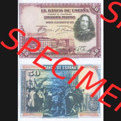 Banknoten Spanien 1928-1928, 50 Peseten. Vorderseite und Rückseite auf einen Digitalen Bild der Banknoten von Spanien 1928, Banknoten aus Satz der Banknoten Spanien 1928 in der... Sammlung