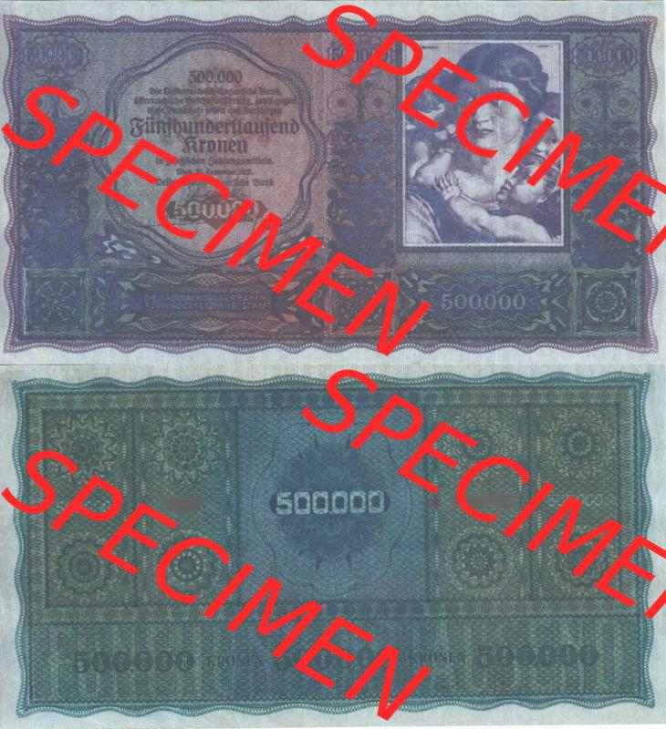 Banknoten Österreich 1922-1922, 500000 500.000 Kronen. Vorderseite und Rückseite auf einen Digitalen Bild der Banknoten von Österreich 1922, Banknoten aus Satz... Sammlung