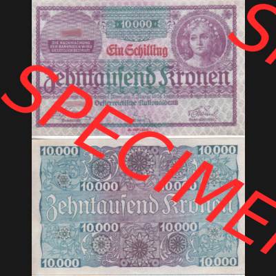 Banknoten Österreich 1924-1924, 110010 1 Schilling auf 10000 Kronen. Vorderseite und Rückseite auf einen Digitalen Bild der Banknoten von Österreich 1924 und 1925, Banknoten... Sammlung