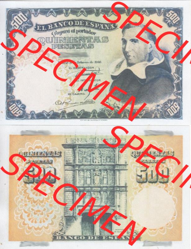 Banknoten Spanien 1946-1949, 500 Peseten. Vorderseite und Rückseite auf einen Digitalen Bild der Banknoten von Spanien 1946-1949, Banknoten aus Satz der Banknoten Spanien 1946-1949... Sammlung