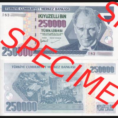 Banknote Türkei 1970, 250000 250000 Lire . Vorderseite und Rückseite auf einen Digitalen Bild der Banknoten der Türkei 1968-1986, Banknoten aus Satz der Banknoten der... Sammlung