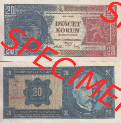 Banknoten Tschechoslowakei 1926-1926, 20 Kronen. Vorderseite und Rückseite auf einen Digitalen Bild der Banknoten der Tschechoslowakei... Sammlung