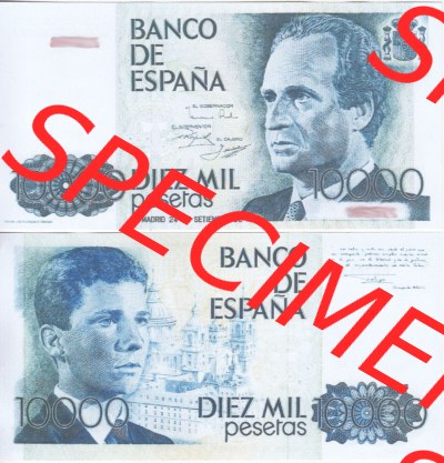 Banknoten Spanien 1985-1987, 10000 Peseten. Vorderseite und Rückseite auf einen Digitalen Bild der Banknoten von Spanien 1979-1987,... Sammlung