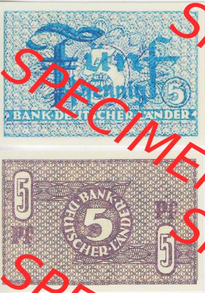 BRD Deutschland Bank Deutscher Länder 1948, 5 Pfennig. Vorderseite und Rückseite auf einen Digitalen Bild der Banknoten Deutschland... Sammlung
