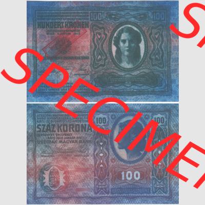 Banknoten Österreich 1920-1920, 100 Kronen Aufdruck. Vorderseite und Rückseite auf einen Digitalen Bild der Banknoten von Österreich 1920 nach 4. Oktober 1920,... Sammlung
