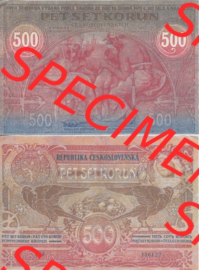Banknoten Tschechoslowakei 1919-1919, 500 Korun. Vorderseite und Rückseite auf einen Digitalen Bild der Banknoten der Tschechoslowakei... Sammlung