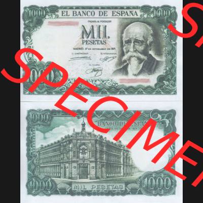 Banknoten Spanien 1971-1974, 1000 Peseten. Vorderseite und Rückseite auf einen Digitalen Bild der Banknoten von Spanien 1965-1978, Banknoten aus Satz der Banknoten Spanien 1965-1978... Sammlung