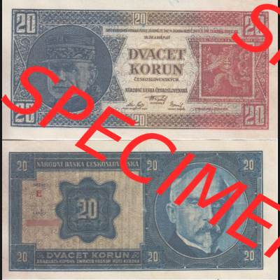 Banknoten Tschechoslowakei 1926-1926, 20 Kronen. Vorderseite und Rückseite auf einen Digitalen Bild der Banknoten der Tschechoslowakei 1926-1934, Banknoten aus Satz der Banknoten... Sammlung