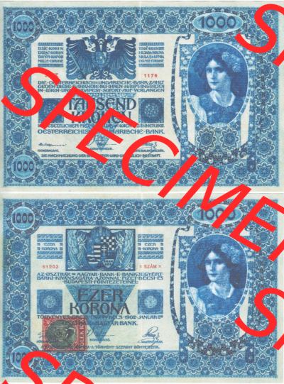 Banknoten Tschechoslowakei 1919-1919, 1000 Kronen Provisorische Geldschein Ausgaben. Vorderseite und Rückseite auf einen Digitalen... Sammlung