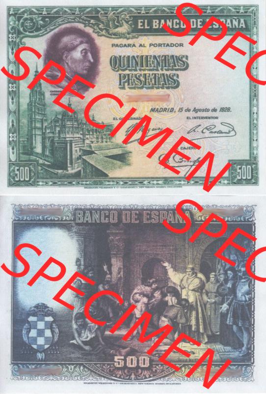 Banknoten Spanien 1928-1928, 500 Peseten. Vorderseite und Rückseite auf einen Digitalen Bild der Banknoten von Spanien 1928, Banknoten aus Satz der Banknoten Spanien 1928 in der... Sammlung