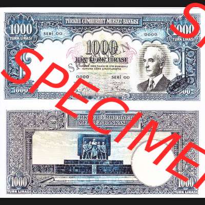 Banknote Türkei 1940, P139, 1000 Lira. Vorderseite und Rückseite auf einen Digitalen Bild der Banknoten der Türkei 1940-1944, Banknoten aus Satz der Banknoten der... Sammlung