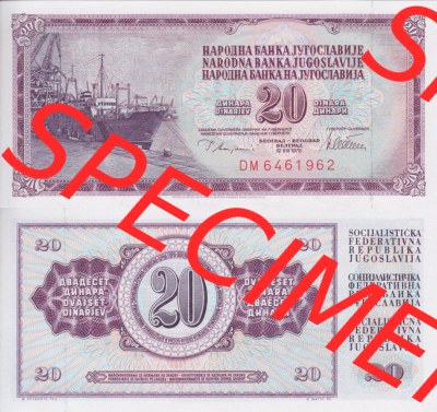 Banknoten Jugoslawien 1978-1981, 20 Dinar. Vorderseite und Rückseite einer Banknote aus dem nicht mehr existierenden Land Jugoslawien... Sammlung