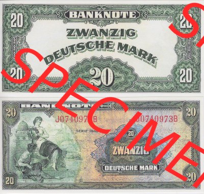 BRD Deutschland Alliierte Besetzung 1948, 20 Deutsche Mark I.. Vorderseite und Rückseite auf einen Digitalen Bild der Banknoten... Sammlung