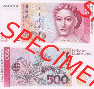 BRD Deutschland Deutsche Bundesbank 1991-1993, 500 DM-Deutsche Mark. Vorderseite und Rückseite auf einen Digitalen Bild der Banknoten... Sammlung