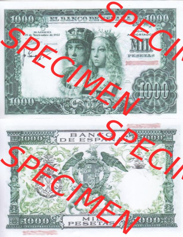 Banknoten Spanien 1957-1958, 1000 Peseten. Vorderseite und Rückseite auf einen Digitalen Bild der Banknoten von Spanien 1953-1958, Banknoten aus Satz der Banknoten Spanien 1953-1958... Sammlung