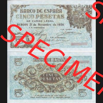 Banknoten Spanien 1936-1936, 5 Peseten. Vorderseite und Rückseite auf einen Digitalen Bild der Banknoten von Spanien 1936, Banknoten aus Satz der Banknoten Spanien 1936 in der Peseten-Währung... Sammlung