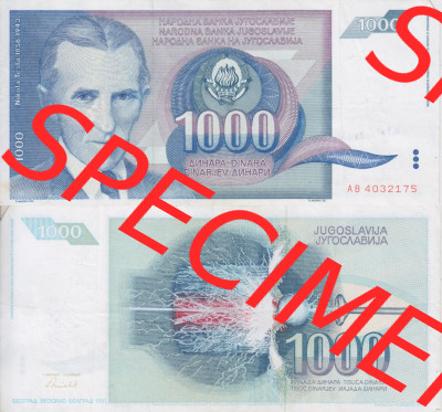 Banknoten Jugoslawien 1991-1991, 1000 Dinar. Vorderseite und Rückseite einer Banknote aus dem nicht mehr existierenden Land Jugoslawien... Sammlung