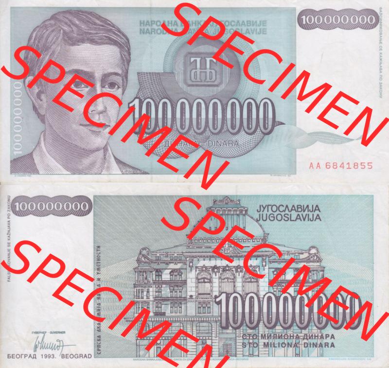 Banknoten Jugoslawien 1993-1993, 100000000 Dinar. Vorderseite und Rückseite einer Banknote aus dem nicht mehr existierenden Land Jugoslawien auf einen Digitalen Bild, Banknoten... Sammlung