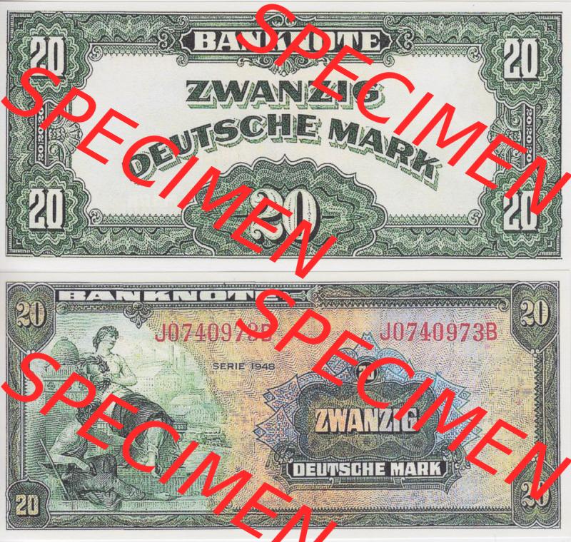 BRD Deutschland Alliierte Besetzung 1948, 20 Deutsche Mark I.. Vorderseite und Rückseite auf einen Digitalen Bild der Banknoten Deutschland 1948 der Alliierte Besetzung,... Sammlung