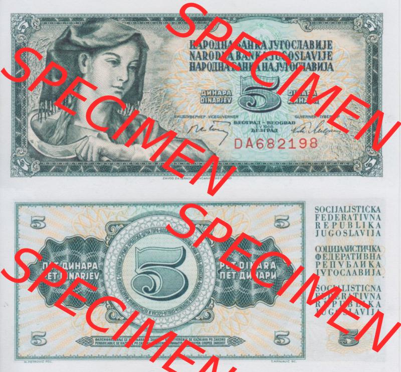 Banknoten Jugoslawien 1968-1968, 5 Dinar. Vorderseite und Rückseite einer Banknote aus dem nicht mehr existierenden Land Jugoslawien auf einen Digitalen Bild, Banknoten aus Satz... Sammlung