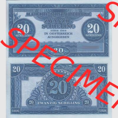 Banknoten Österreich 1944-1944, Schilling Alliierte Militärbehörde. Vorderseite und Rückseite auf einen Digitalen Bild der Banknoten von Österreich 1944 Alliierte... Sammlung