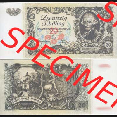 Banknoten Österreich 1950-1950, 20 Schilling. Vorderseite und Rückseite auf einen Digitalen Bild der Banknoten von Österreich 1945-1954, Banknoten aus Satz der Banknoten... Sammlung