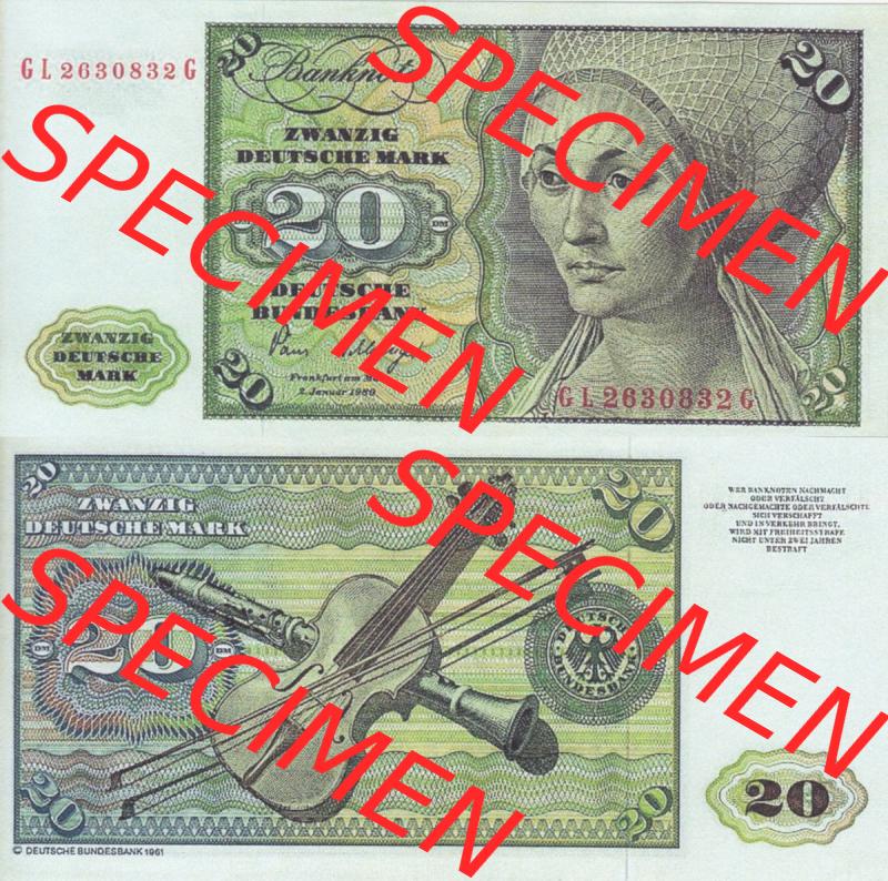 BRD Deutschland Deutsche Bundesbank 1980, 20 DM-Deutsche Mark. Vorderseite und Rückseite auf einen Digitalen Bild der Banknoten Deutschland Deutsche Bundesbank 1980, Banknoten aus... Sammlung