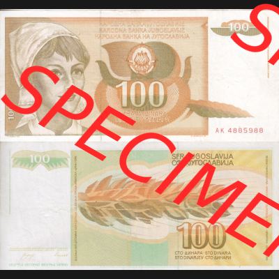 Banknoten Jugoslawien 1990-1990, 100 Dinar. Vorderseite und Rückseite einer Banknote aus dem nicht mehr existierenden Land Jugoslawien auf einen Digitalen Bild, Banknoten aus Satz... Sammlung