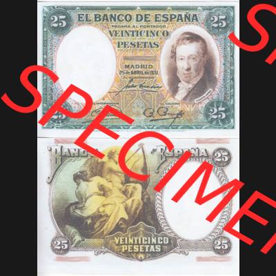 Banknoten Spanien 1931-1931, 25 Peseten. Vorderseite und Rückseite auf einen Digitalen Bild der Banknoten von Spanien 1931, Banknoten aus Satz der Banknoten Spanien 1931 in der... Sammlung