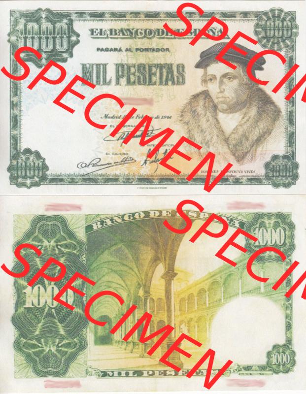 Banknoten Spanien 1946-1948, 1000 Peseten. Vorderseite und Rückseite auf einen Digitalen Bild der Banknoten von Spanien 1946-1949, Banknoten aus Satz der Banknoten Spanien 1946-1949... Sammlung
