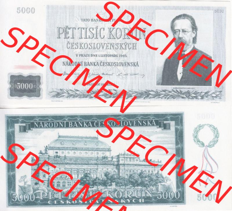 Banknoten Tschechoslowakei 1945-1945, 5000 Kronen, Pet-Tisic Korun. Vorderseite und Rückseite auf einen Digitalen Bild der Banknoten der Tschechoslowakei 1945-1953, Banknoten... Sammlung