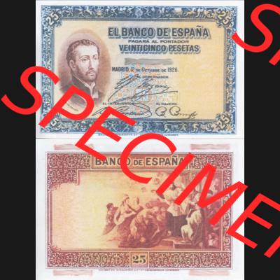 Banknoten Spanien 1926-1926, 25 Peseten. Vorderseite und Rückseite auf einen Digitalen Bild der Banknoten von Spanien 1926-1927, Banknoten aus Satz der Banknoten Spanien 1926-1927... Sammlung
