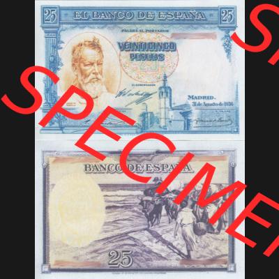 Banknoten Spanien 1936-1938, 25 Peseten. Vorderseite und Rückseite auf einen Digitalen Bild der Banknoten von Spanien 1935-1938, Banknoten aus Satz der Banknoten Spanien 1935-1938... Sammlung