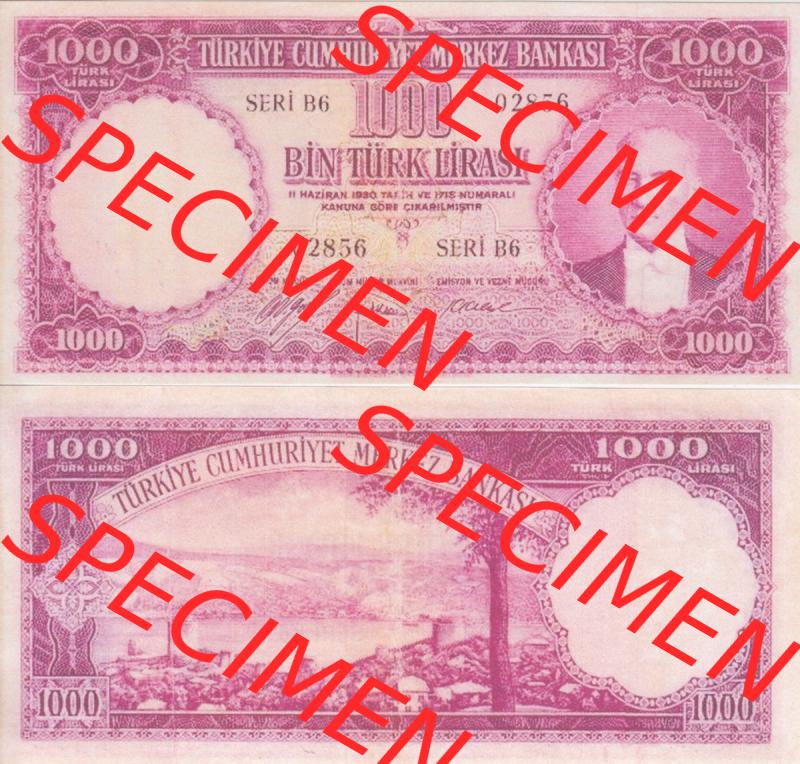 Banknote Türkei 1953, P172, 1000 Lira. Vorderseite und Rückseite auf einen Digitalen Bild der Banknoten der Türkei 1951-1960, Banknoten aus Satz der Banknoten der... Sammlung