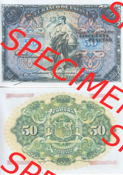 Banknoten Spanien 1906-1906, 50 Peseten. Vorderseite und Rückseite auf einen Digitalen Bild der Banknoten von Spanien 1906, Banknoten... Sammlung