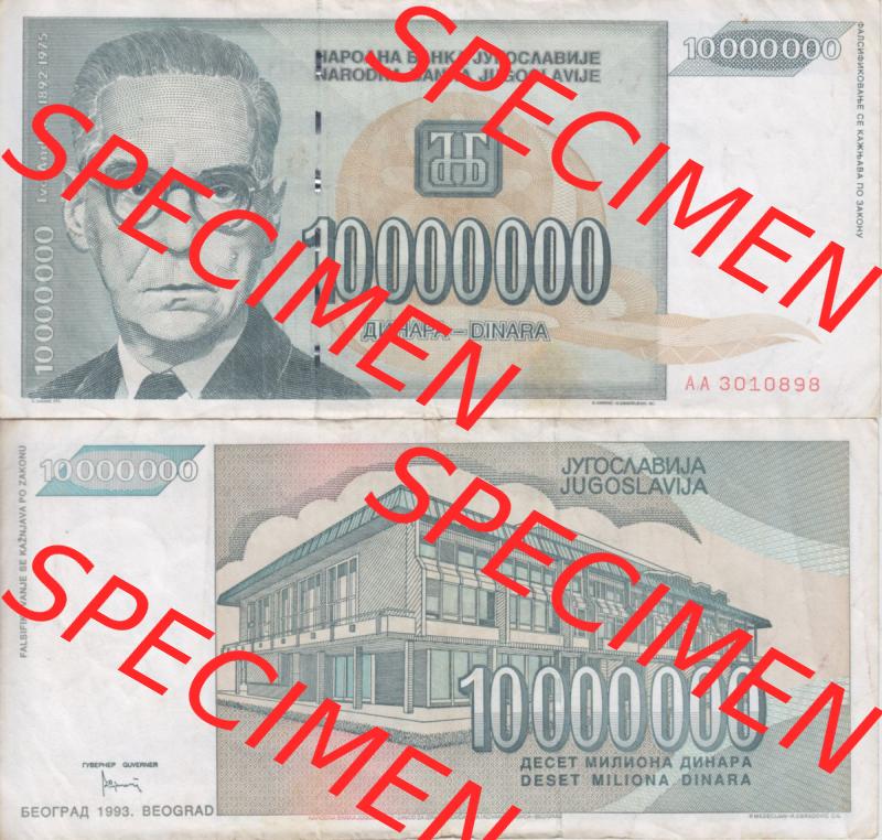 Banknoten Jugoslawien 1993-1993, 10000000 Dinar. Vorderseite und Rückseite einer Banknote aus dem nicht mehr existierenden Land Jugoslawien auf einen Digitalen Bild, Banknoten aus... Sammlung