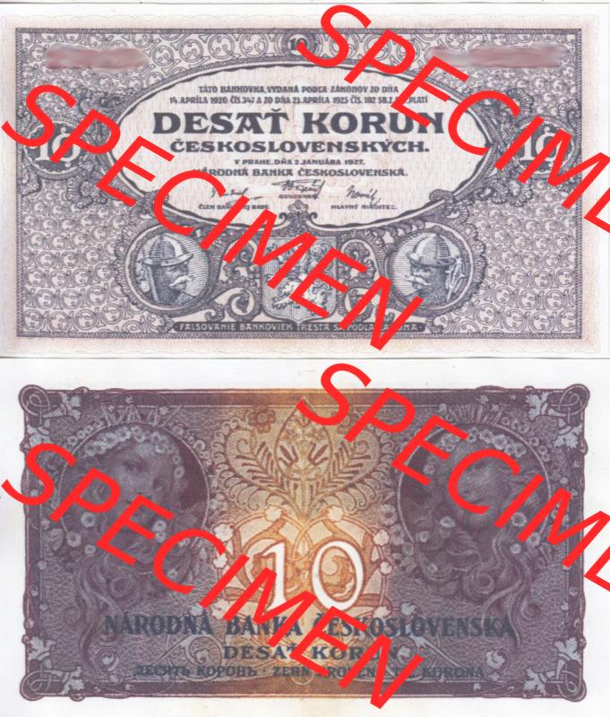 Banknoten Tschechoslowakei 1927-1927, 10 Kronen. Vorderseite und Rückseite auf einen Digitalen Bild der Banknoten der Tschechoslowakei 1926-1934, Banknoten aus Satz der Banknoten... Sammlung
