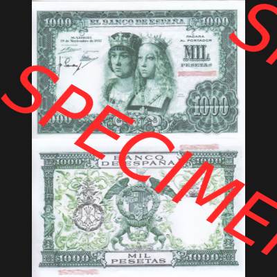 Banknoten Spanien 1957-1958, 1000 Peseten. Vorderseite und Rückseite auf einen Digitalen Bild der Banknoten von Spanien 1953-1958, Banknoten aus Satz der Banknoten Spanien 1953-1958... Sammlung