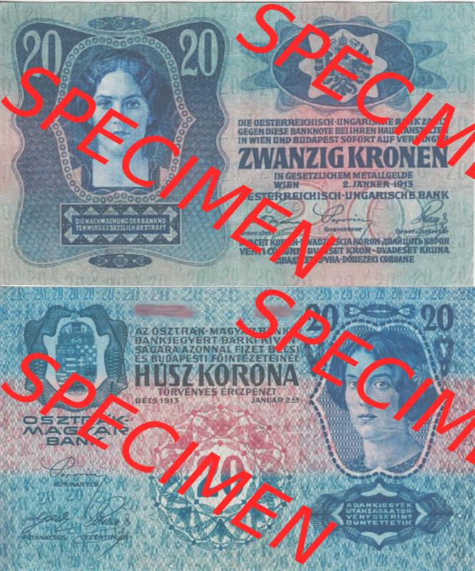 Banknoten Österreich 1913-1913, 20 Kronen. Vorderseite und Rückseite auf einen Digitalen Bild der Banknoten von Österreich 1913-1919, Banknoten aus Satz der Banknoten... Sammlung