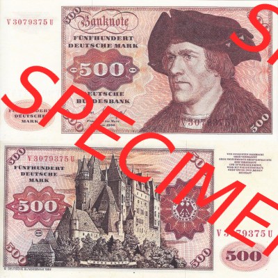 BRD Deutschland Deutsche Bundesbank 1980, 500 DM-Deutsche Mark. Vorderseite und Rückseite auf einen Digitalen Bild der Banknoten... Sammlung