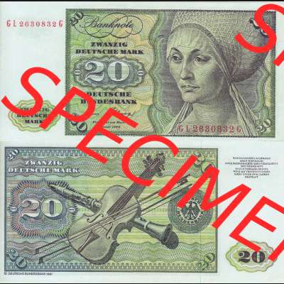 BRD Deutschland Deutsche Bundesbank 1980, 20 DM-Deutsche Mark. Vorderseite und Rückseite auf einen Digitalen Bild der Banknoten Deutschland Deutsche Bundesbank 1980, Banknoten aus... Sammlung