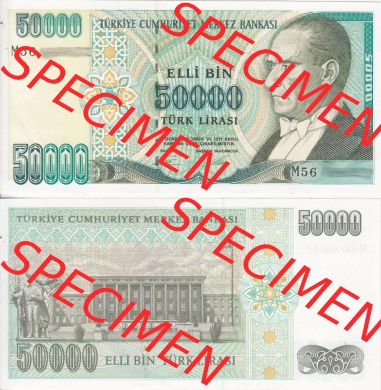 Banknote Türkei 1970, 50000 Lire. Vorderseite und Rückseite auf einen Digitalen Bild der Banknoten der Türkei 1968-1986, Banknoten aus Satz der Banknoten der Türkei... Sammlung
