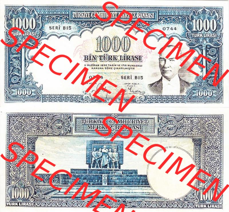 Banknote Türkei 1939, P132, 1000 Lira. Vorderseite und Rückseite auf einen Digitalen Bild der Banknoten der Türkei 1937-1939, Banknoten aus Satz der Banknoten der... Sammlung