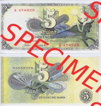BRD Deutschland Bank Deutscher Länder 1948, 5 DM Deutsche Mark. Vorderseite und Rückseite auf einen Digitalen Bild der Banknoten... Sammlung